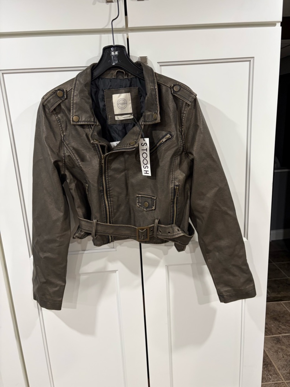 Stoosh  Belted Faux Leather Moto Jacket distressed or metallic finish.